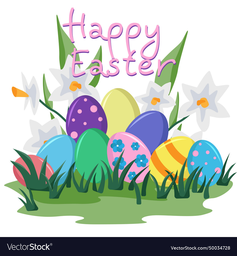 Decorated eggs in the grass with daffodils Vector Image