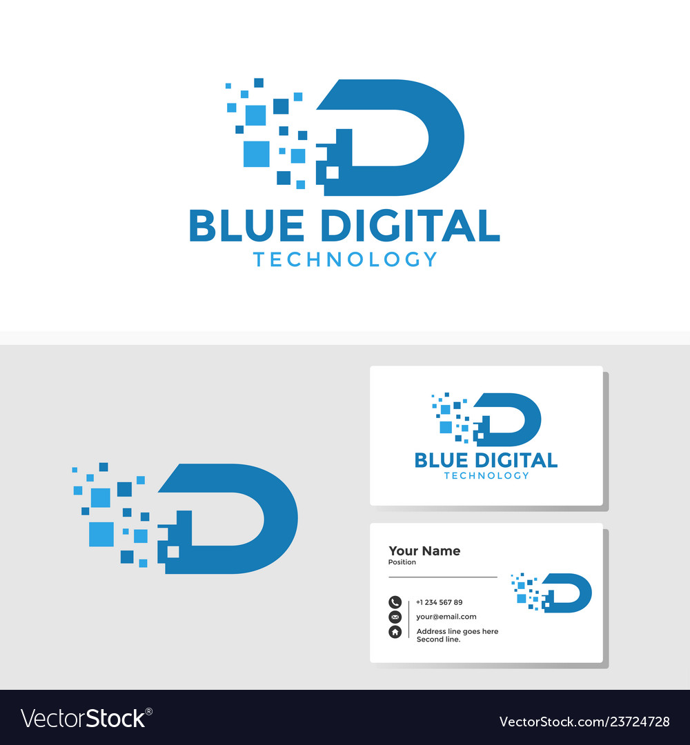 Digital letter d logo template with business card vector image Digital letter d logo template with business card