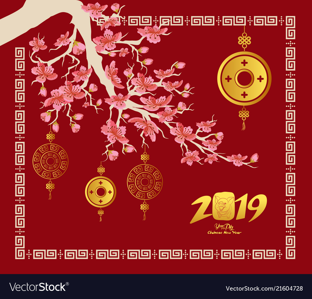 Happy chinese new year 2019 card cherry blossom vector image Happy chinese new year 2019 card cherry blossom