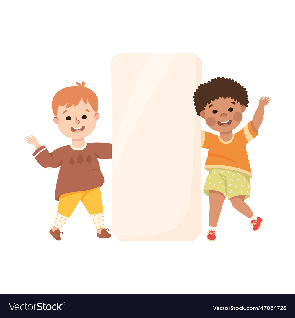 Two happy smiling boys holding white blank banner Vector Image