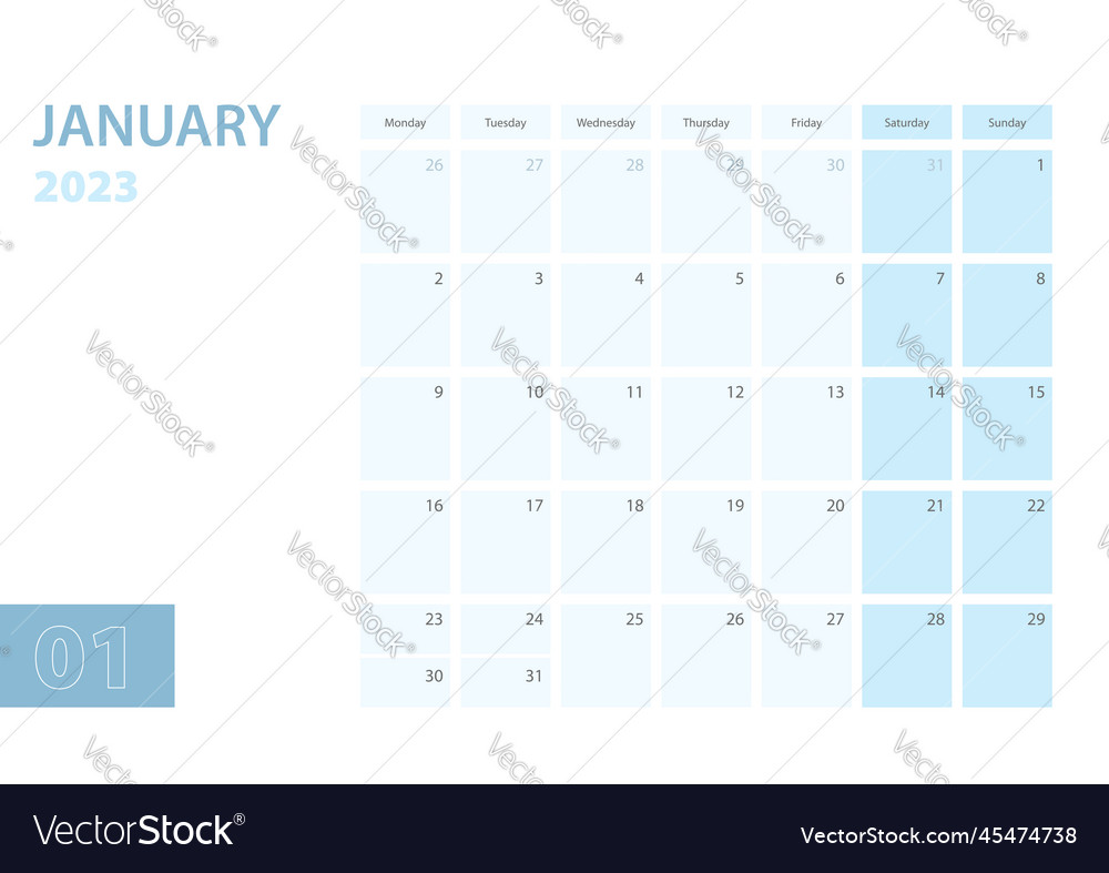 Calendar template for the january 2023 the week Vector Image