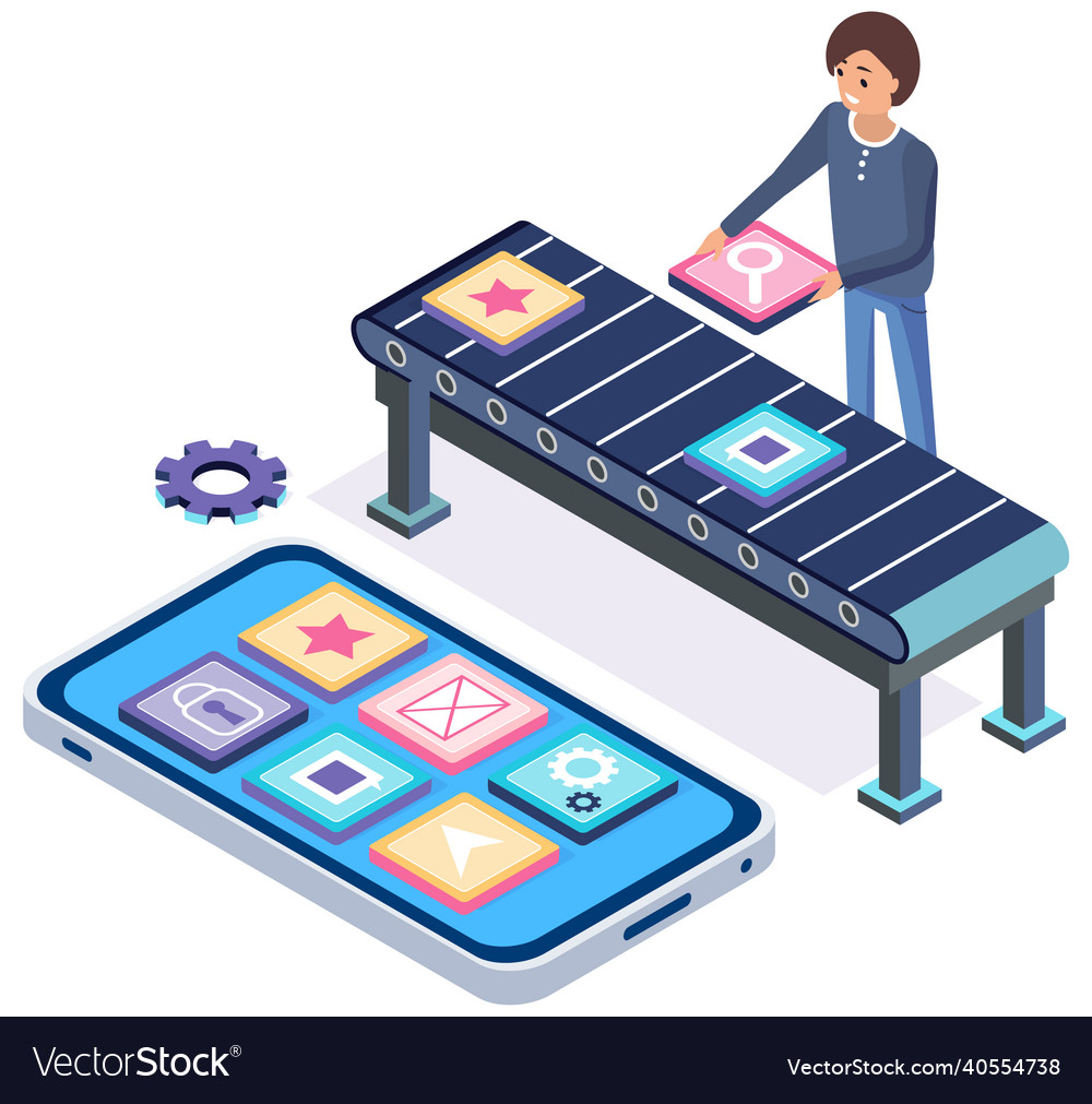 Man checks files passing on tape program conveyor vector image Man checks files passing on tape program conveyor