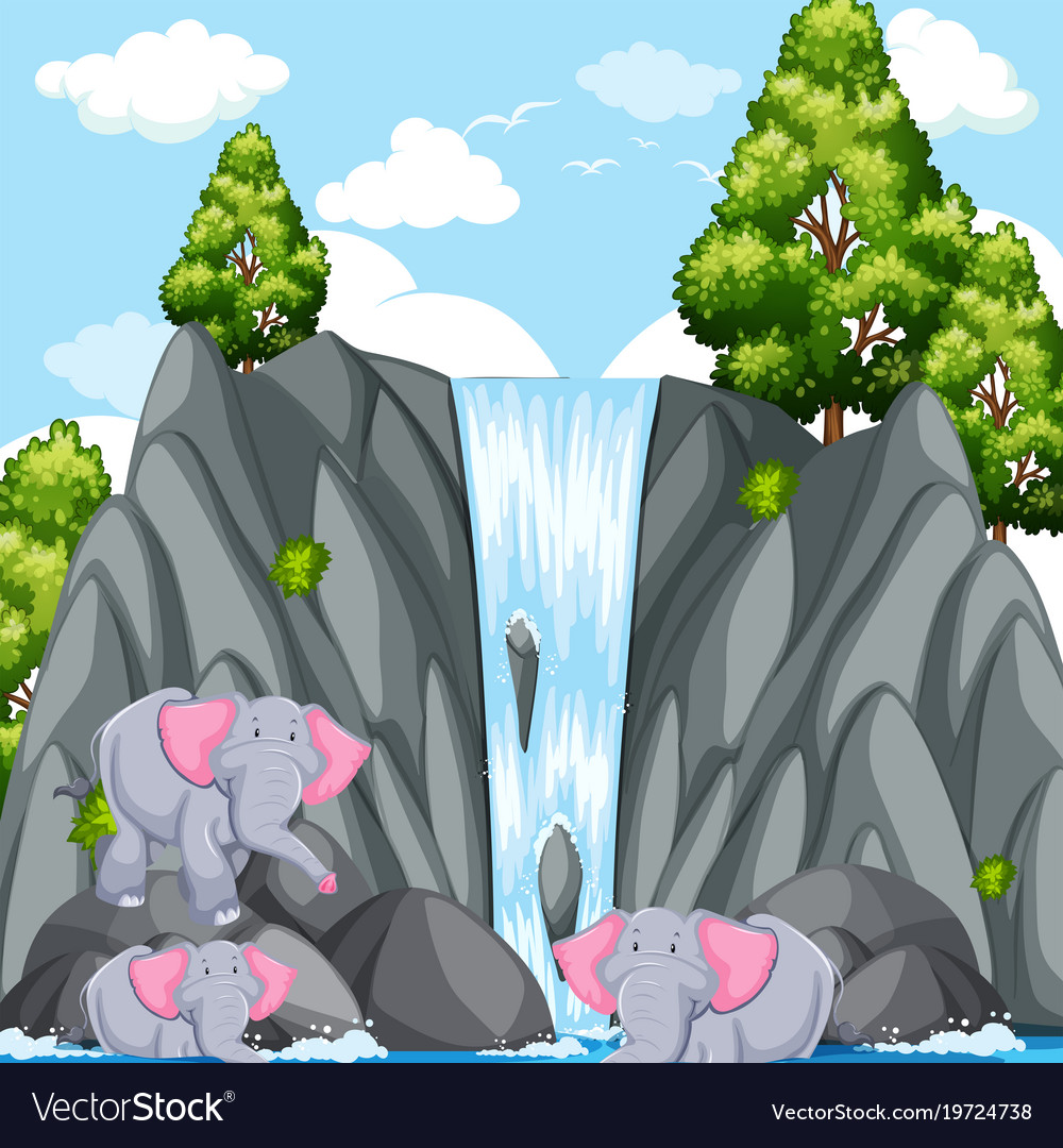 Scene with elephants at the waterfall