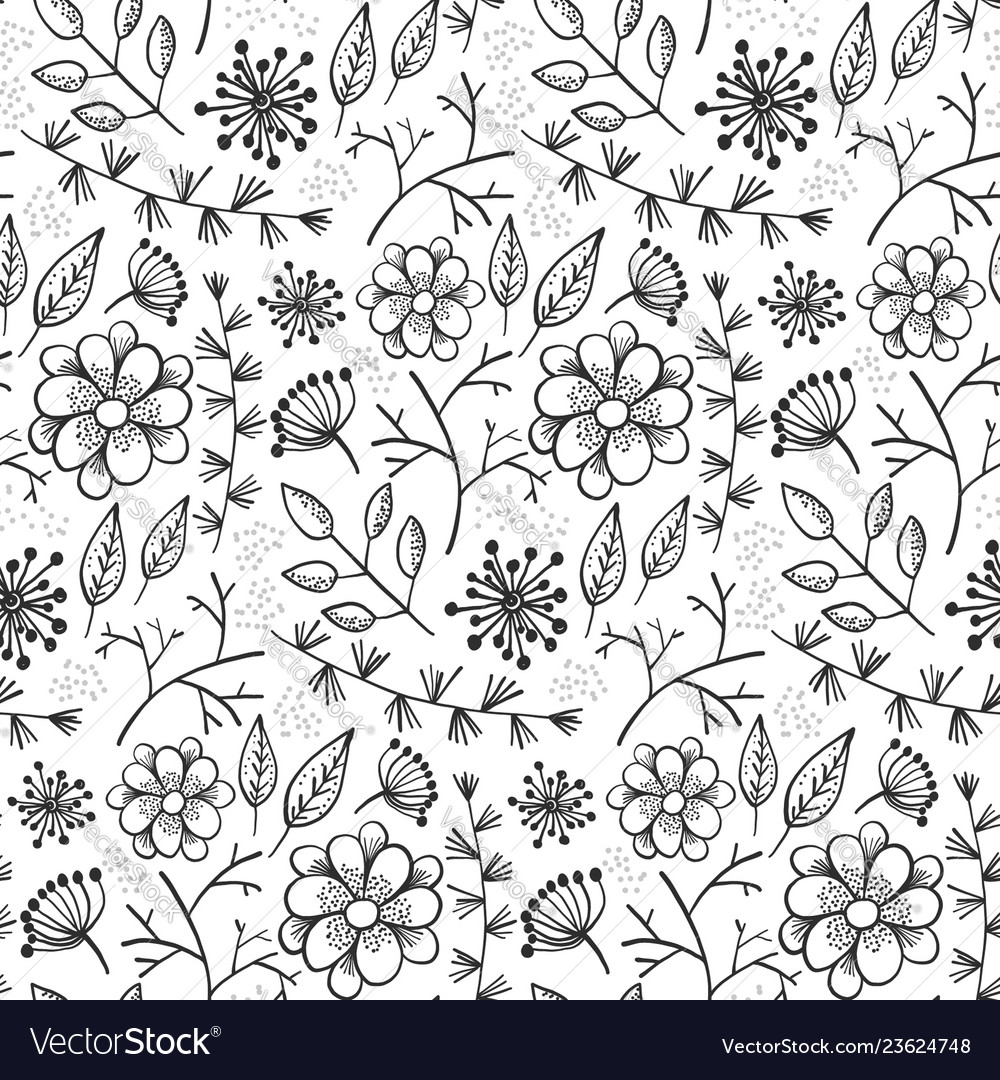 Floral pattern with outline flowers and herbs Vector Image