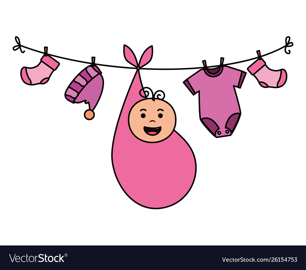 Little boy baby with clothes hanging