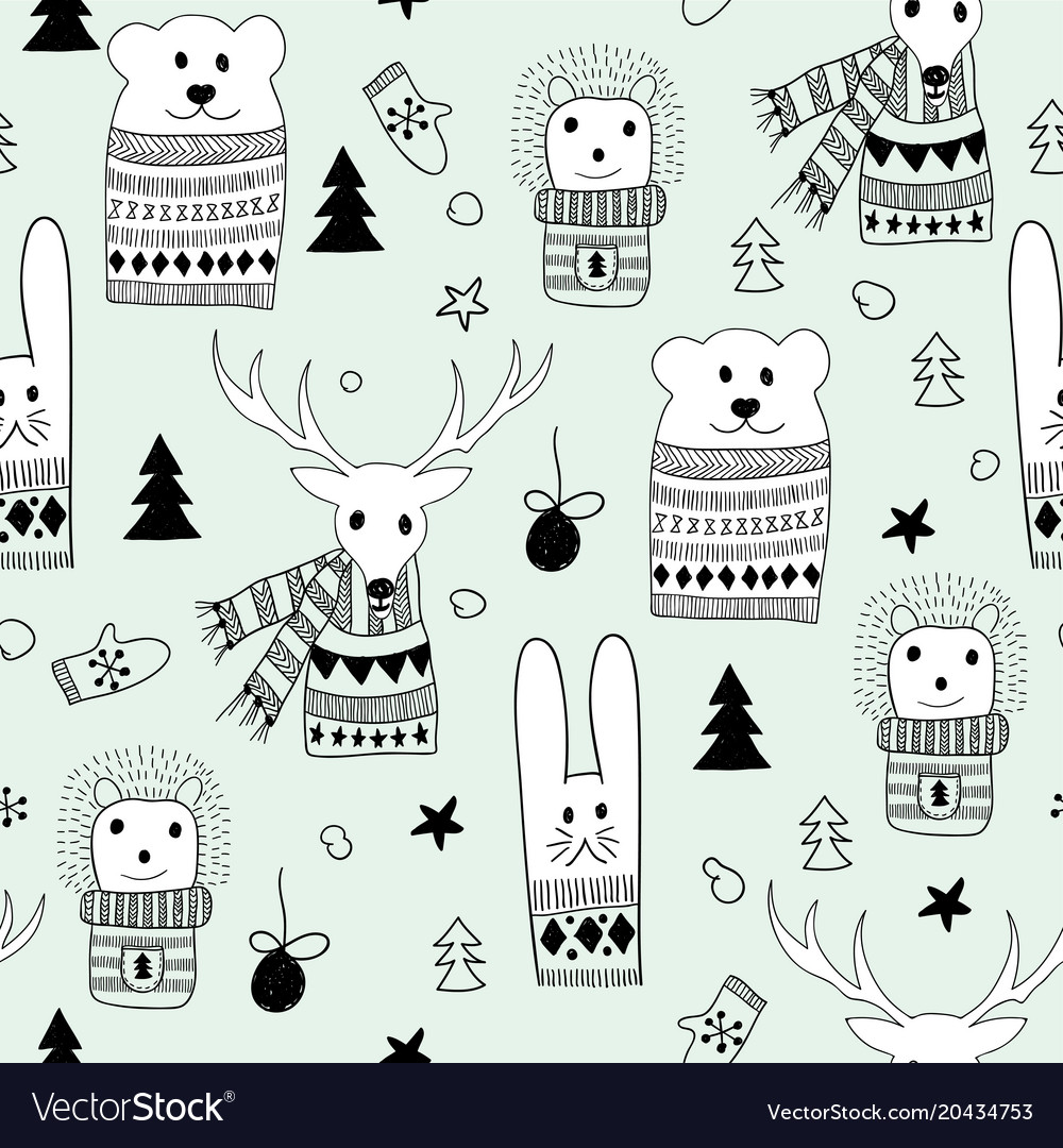 Seamlee christmas pattern with doodle animals