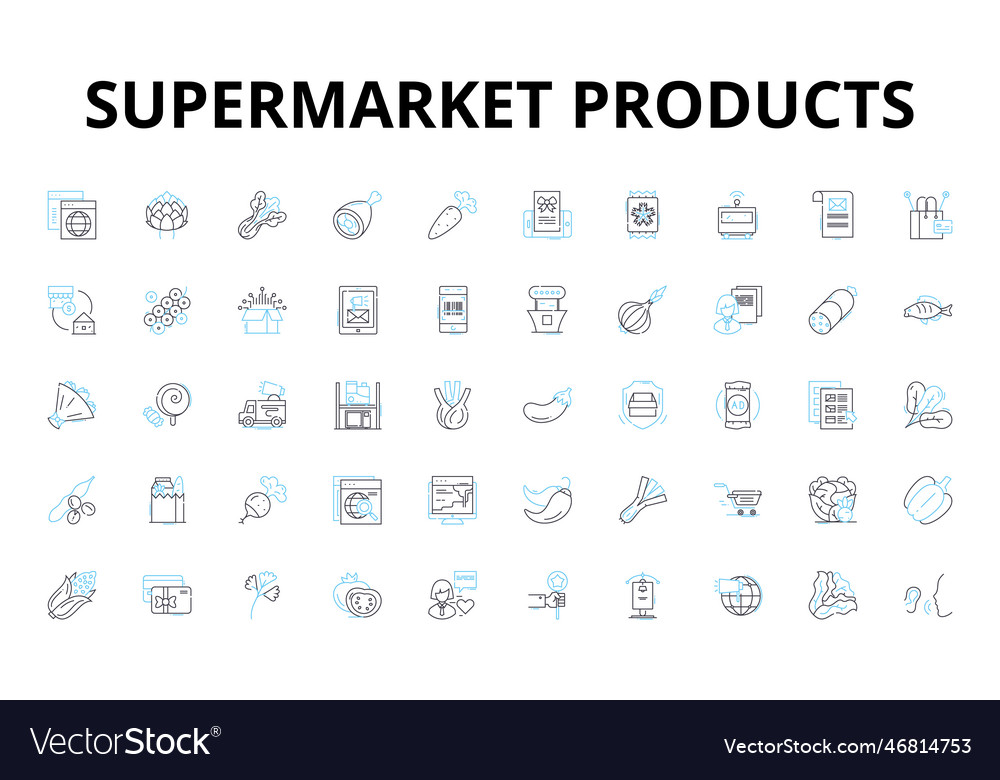 Supermarket products linear icons set groceries