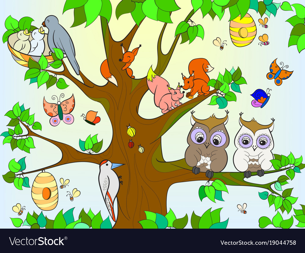 Animals And Birds Living On Tree Coloring Vector Image