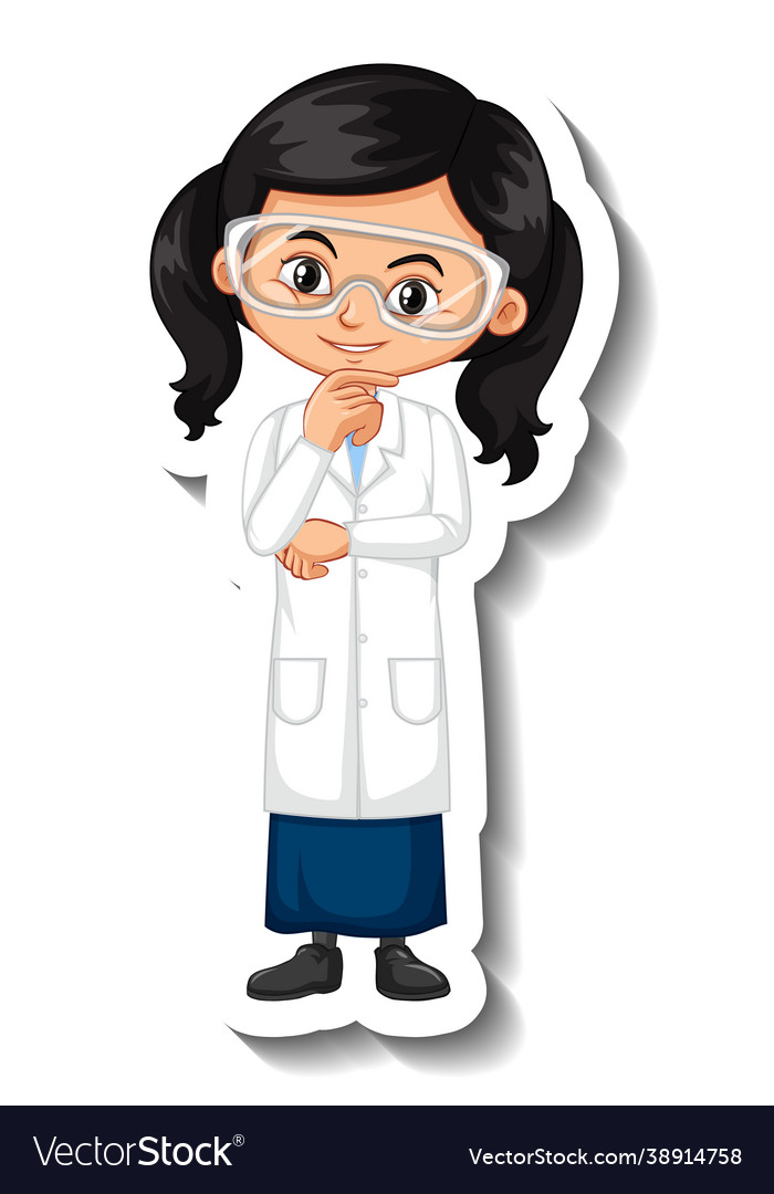 Cartoon character sticker with a girl in science vector image Cartoon character sticker with a girl in science