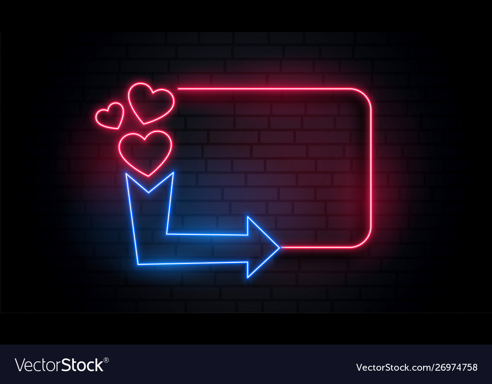 Retro neon light heart frame with arrow and text