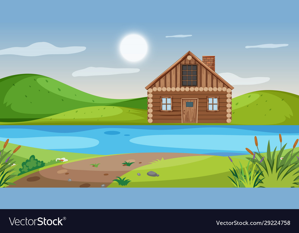 Scene with wooden house river over hill