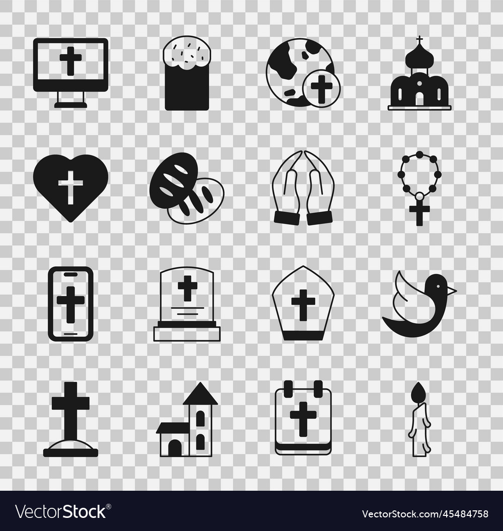 Set burning candle dove rosary beads religion Vector Image