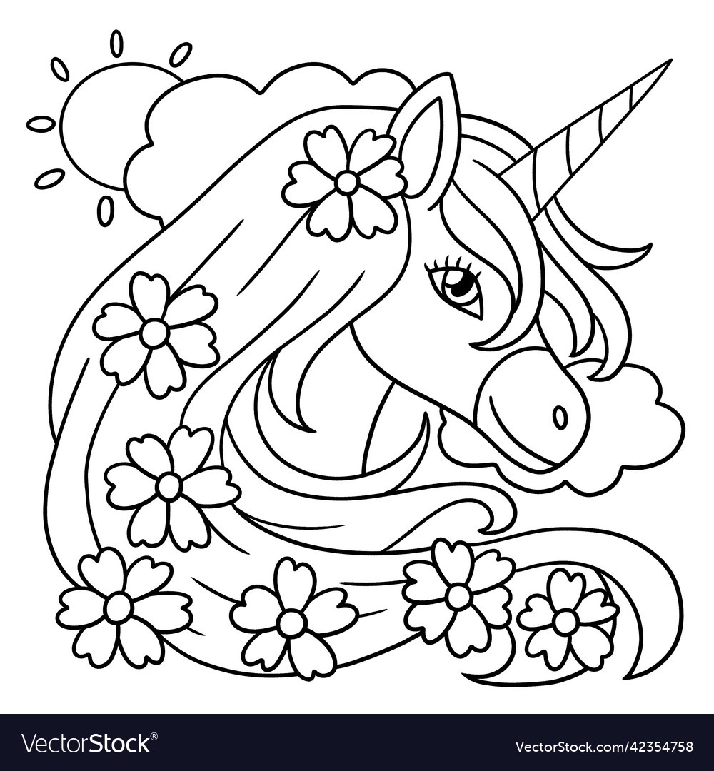 Unicorn flower coloring page for kids Royalty Free Vector