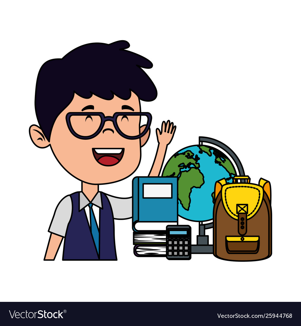 Happy student boy with schoolbag and world map