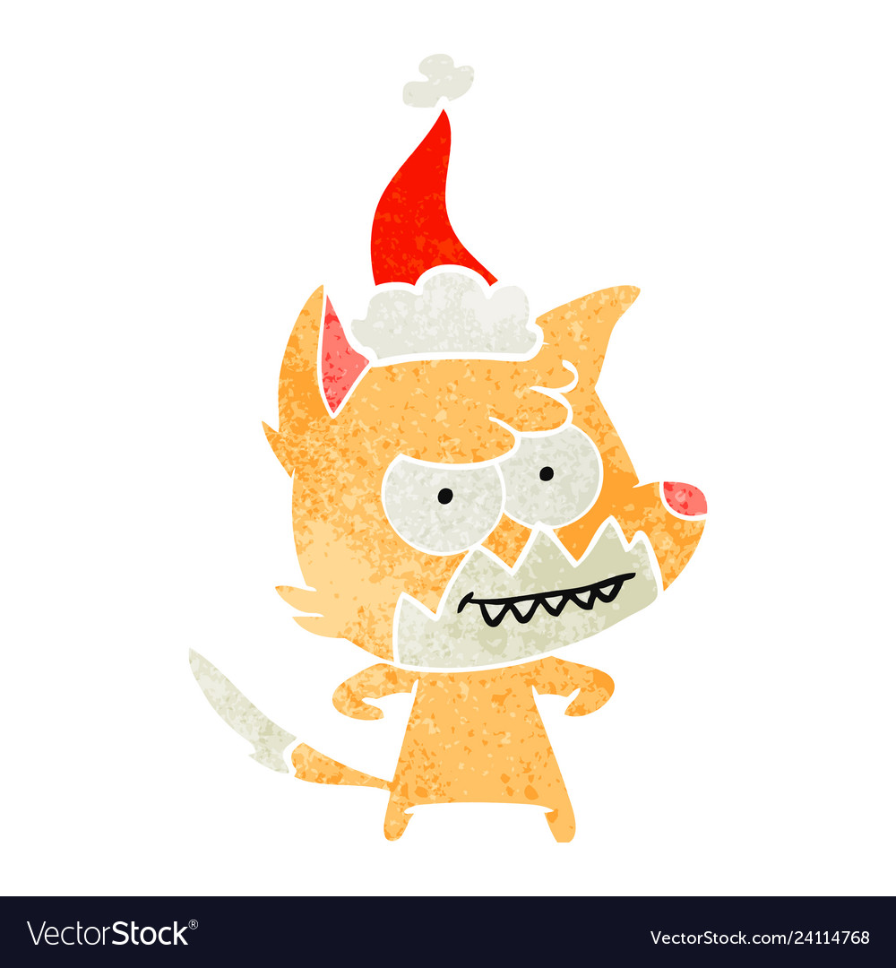 Retro Cartoon Of A Grinning Fox Wearing Santa Hat Vector Image