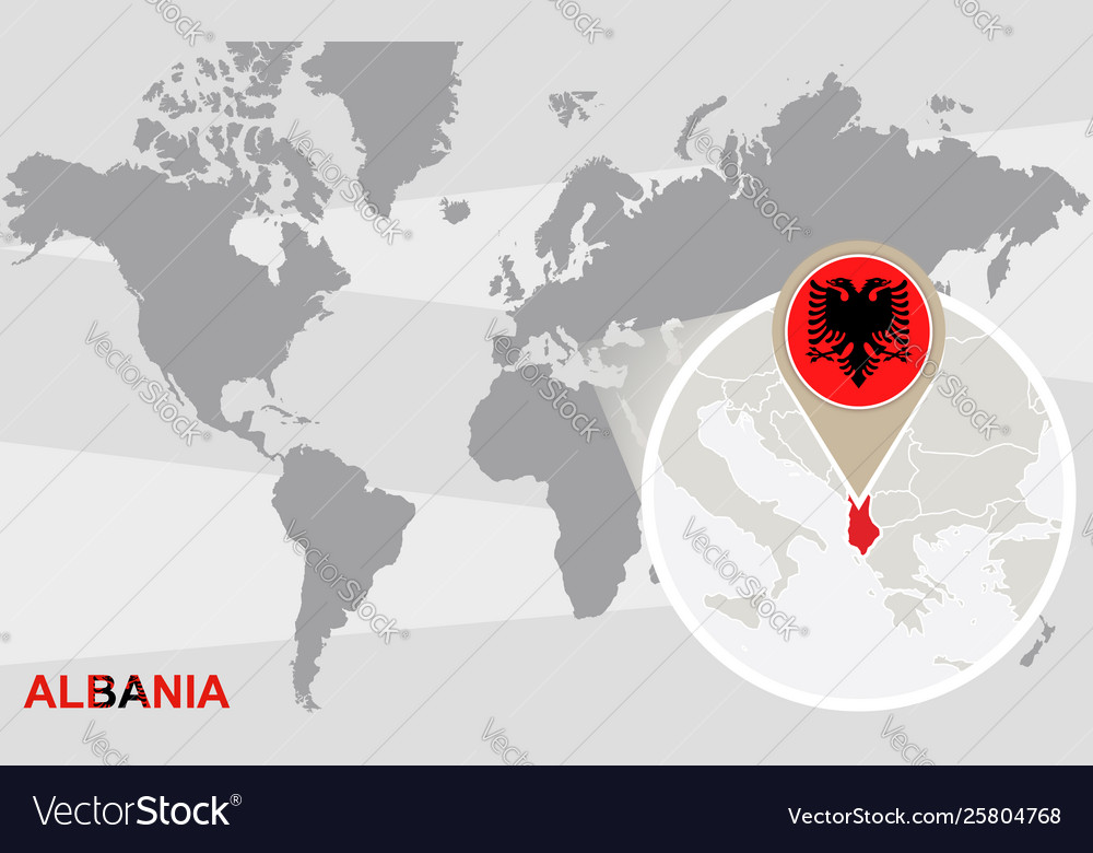 World map with magnified albania vector image World map with magnified albania