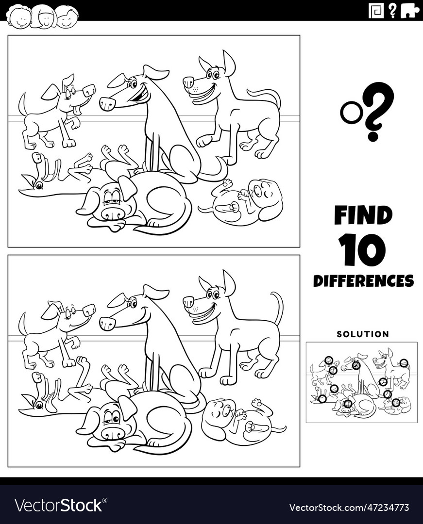 Differences activity with cartoon dogs coloring Vector Image