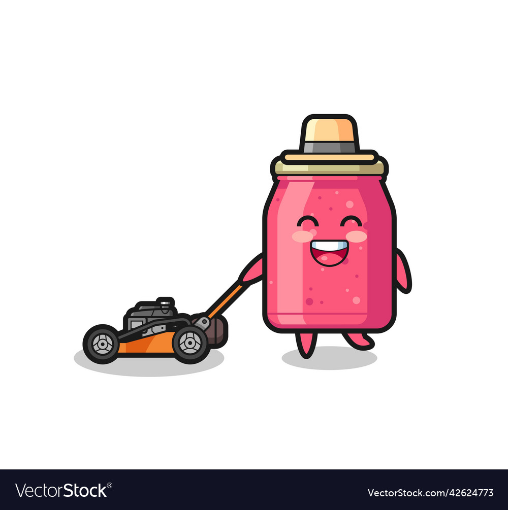 Strawberry jam character using lawn mower