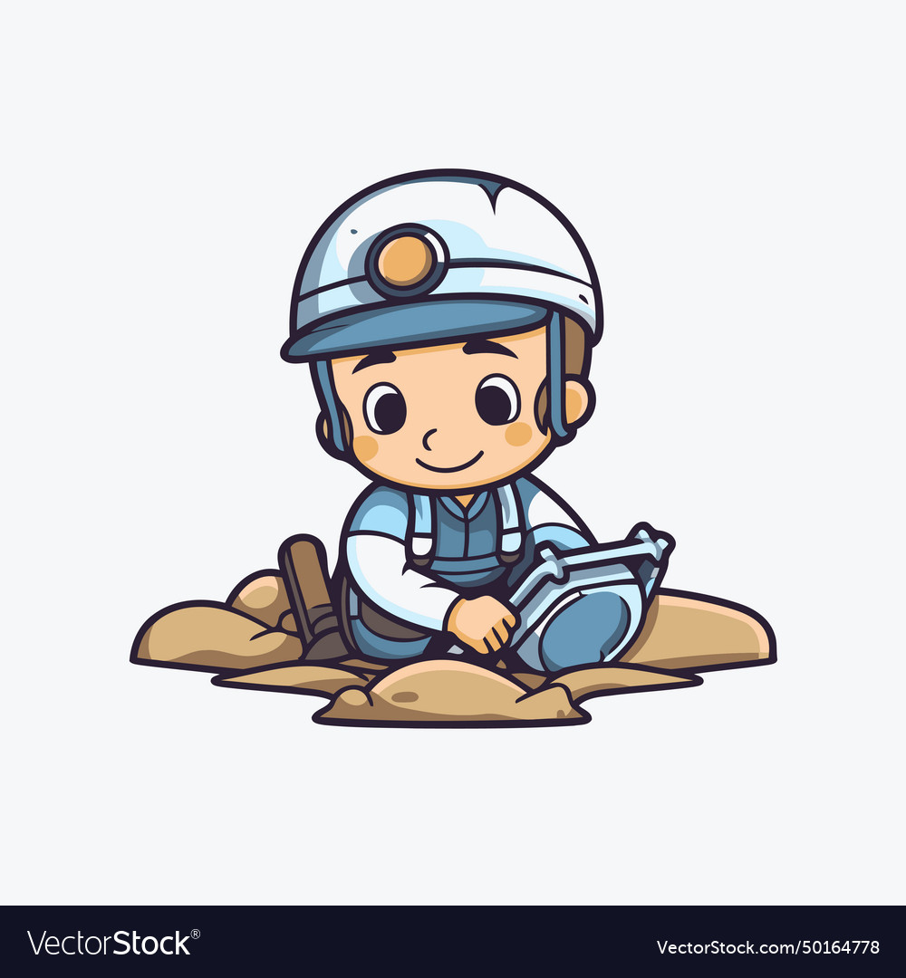 A kid boy wearing safety helmet sitting