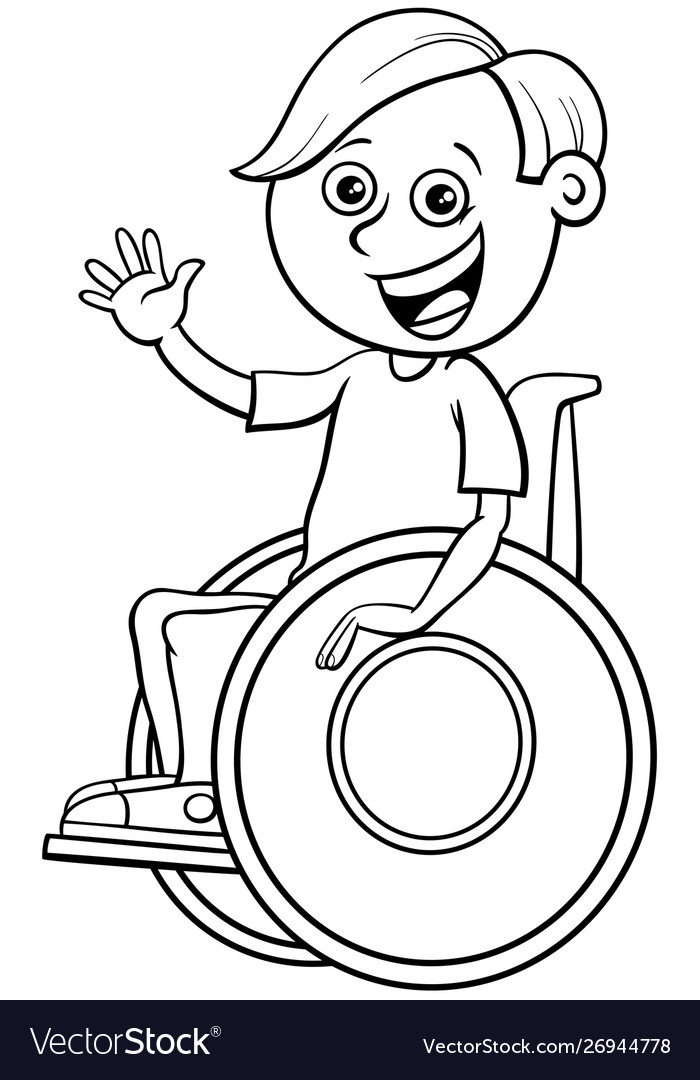 Disabled boy character on wheelchair color book Vector Image