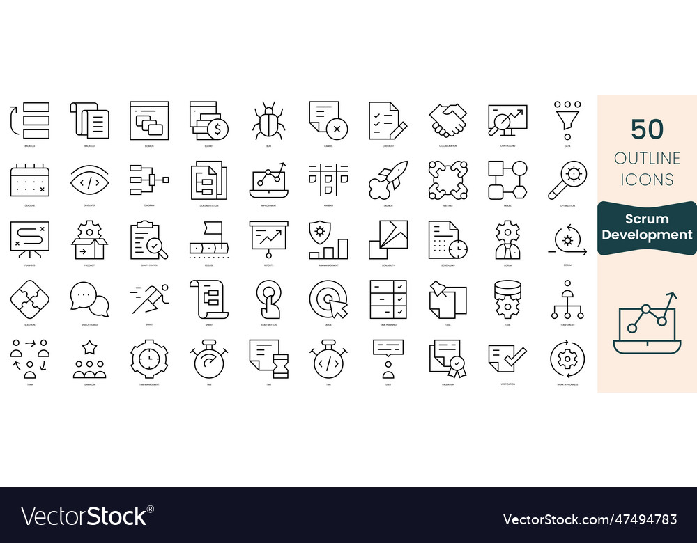 Set of scrum development icons thin linear style vector image Set of scrum development icons thin linear style