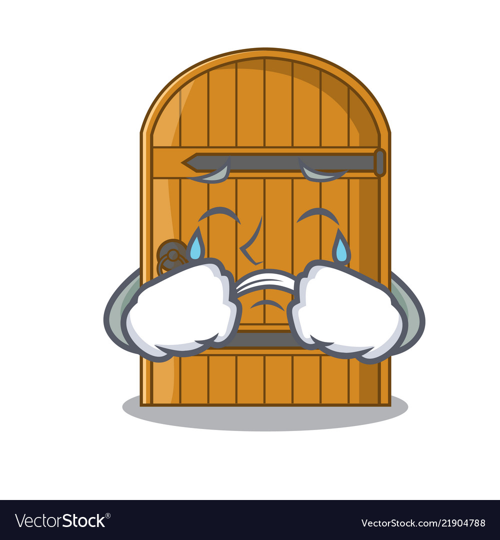 Crying large wooden door with cartoon handle