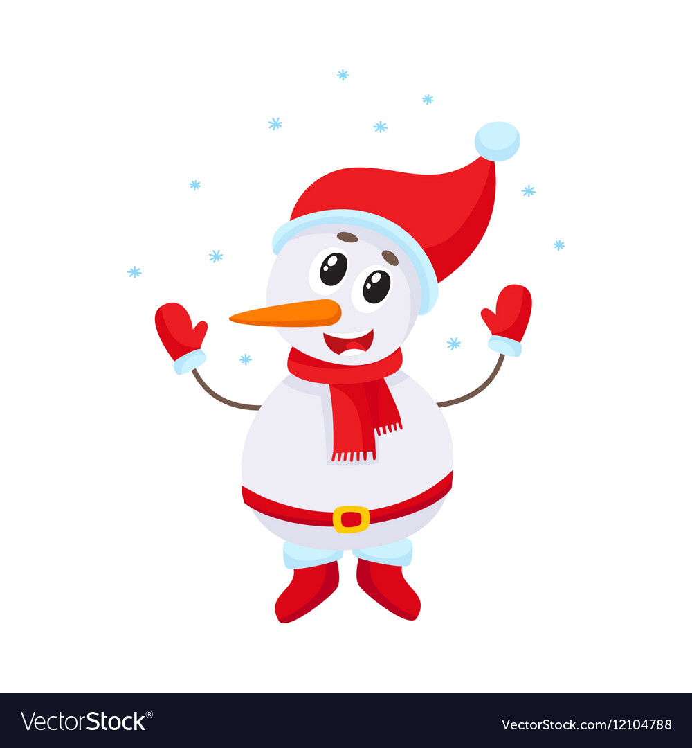 Cute and funny little snowman under falling snow