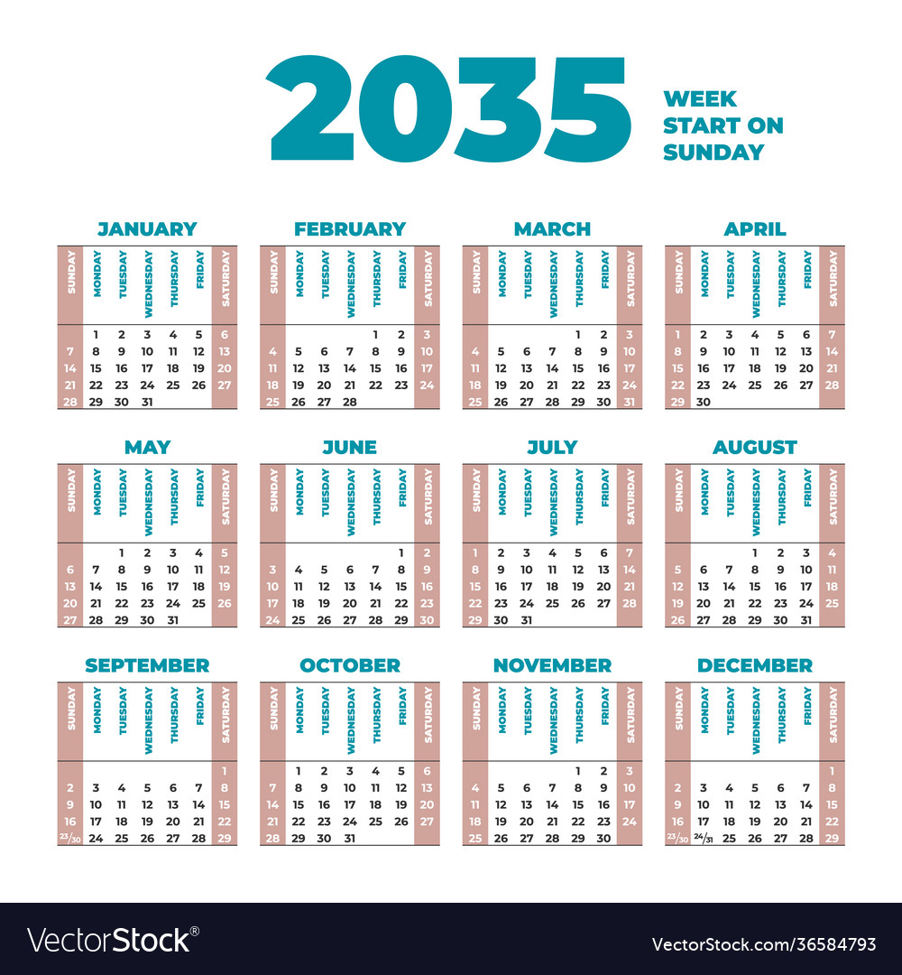 2035 calendar template with weeks start on sunday Vector Image