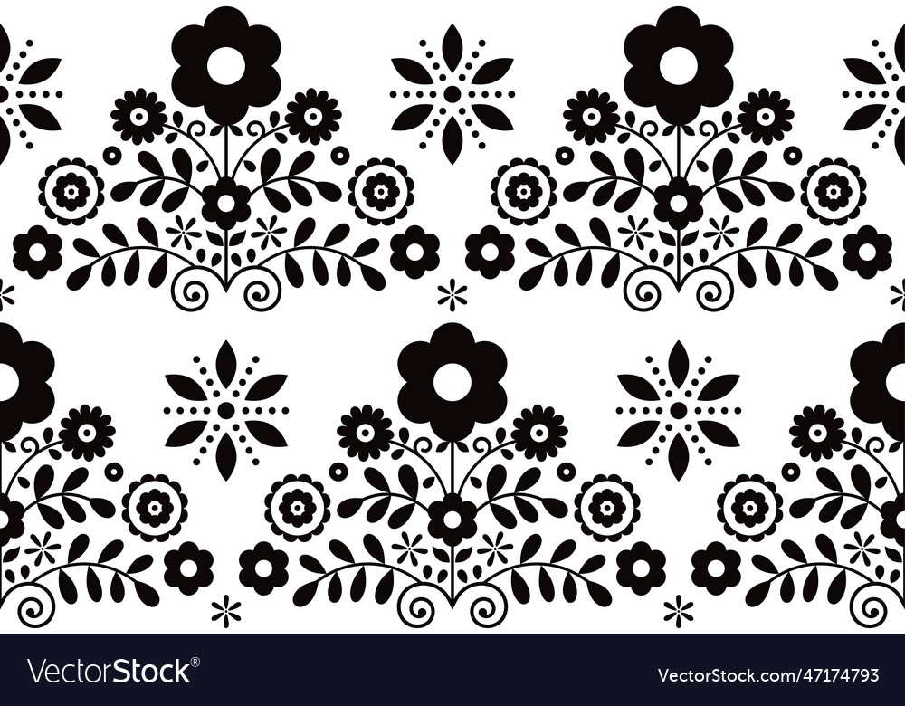 Retro floral folk art seamless black Royalty Free Vector