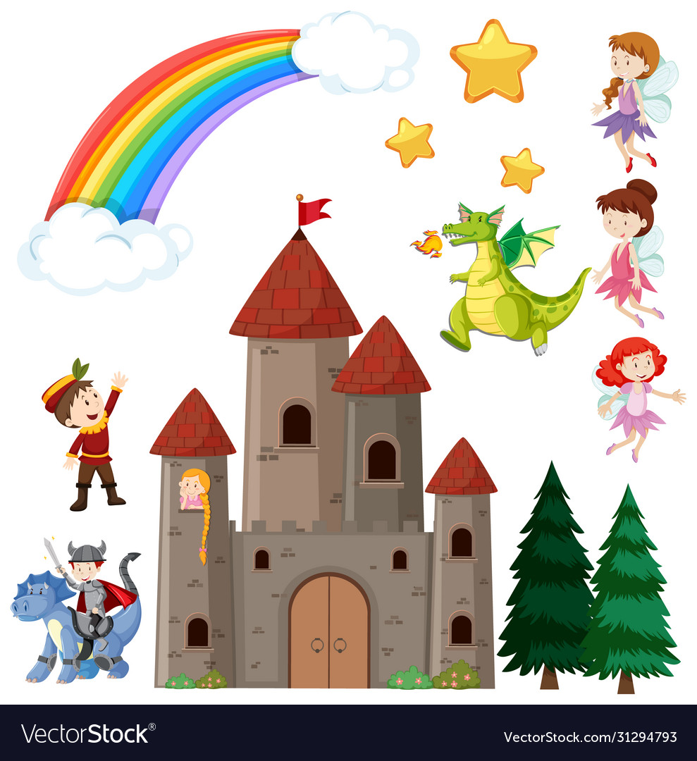 Set children is fairy tale castle and dragon Vector Image