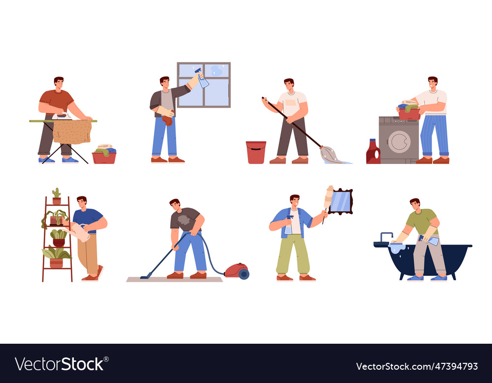 Set of man doing household chores flat