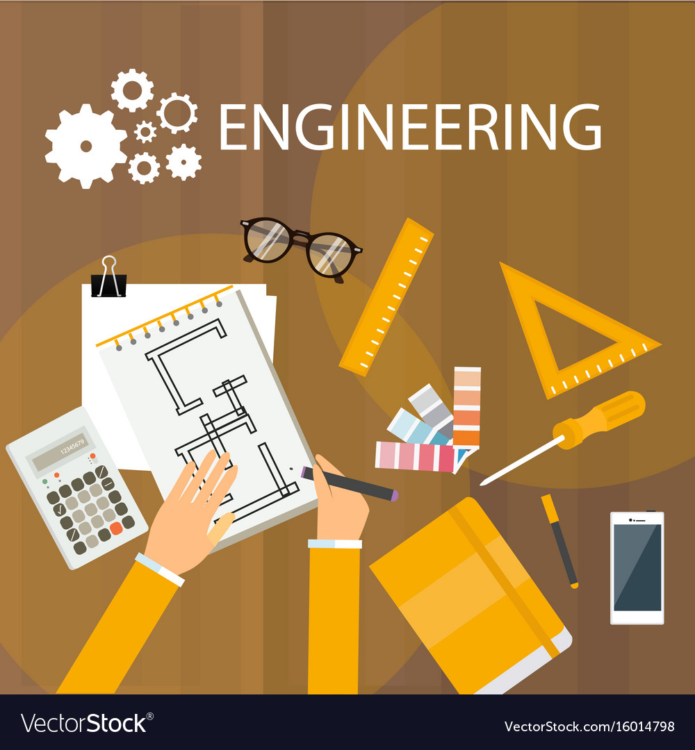 Engineering desk view from top hand drawing