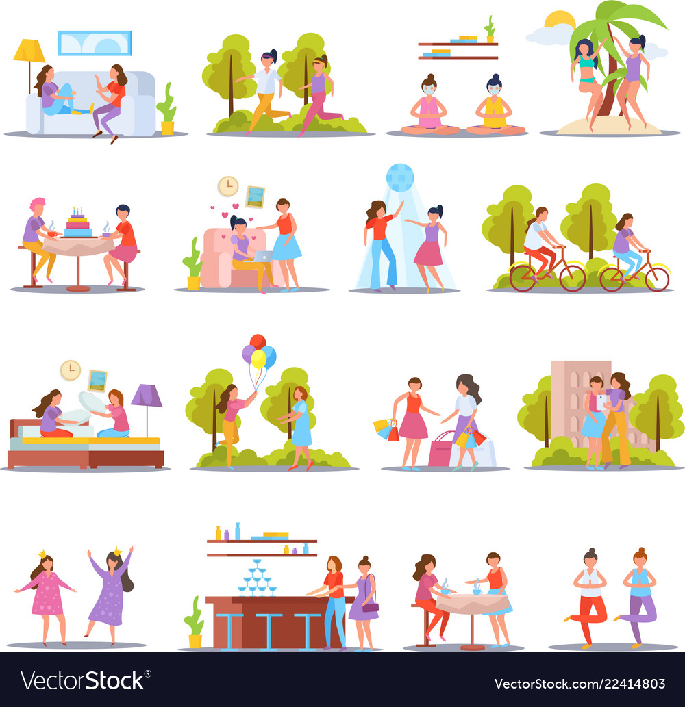 Girls friendship orthogonal icons vector image Girls friendship orthogonal icons