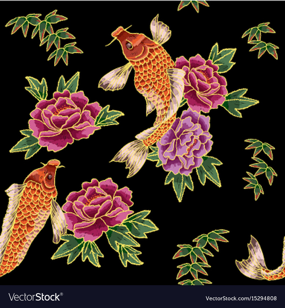 Embroidery with japanese carp and flowers