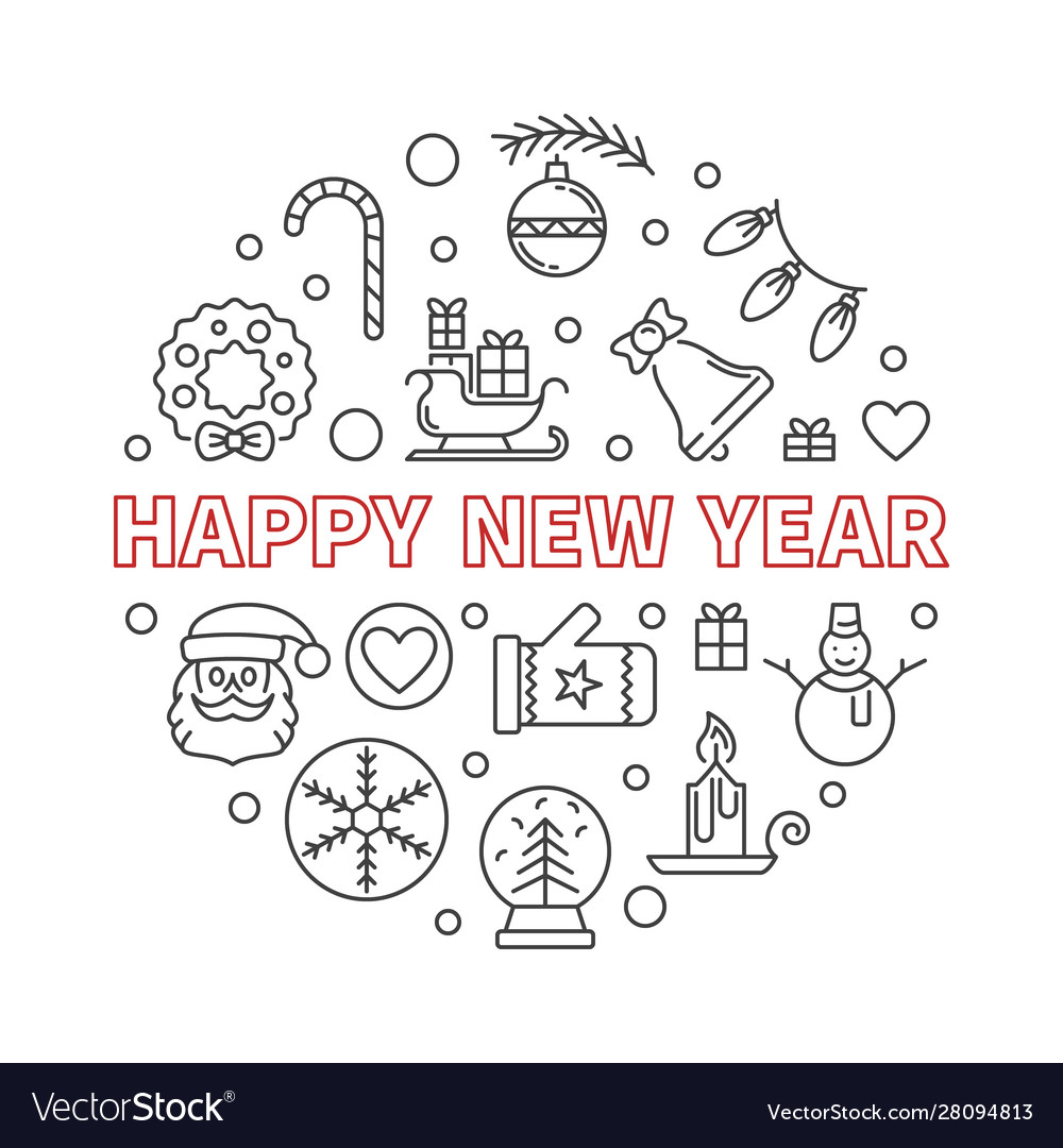 Happy new year round outline creative Royalty Free Vector