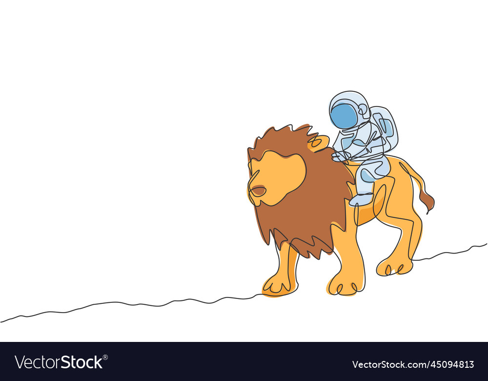 One single line drawing of astronaut riding lion