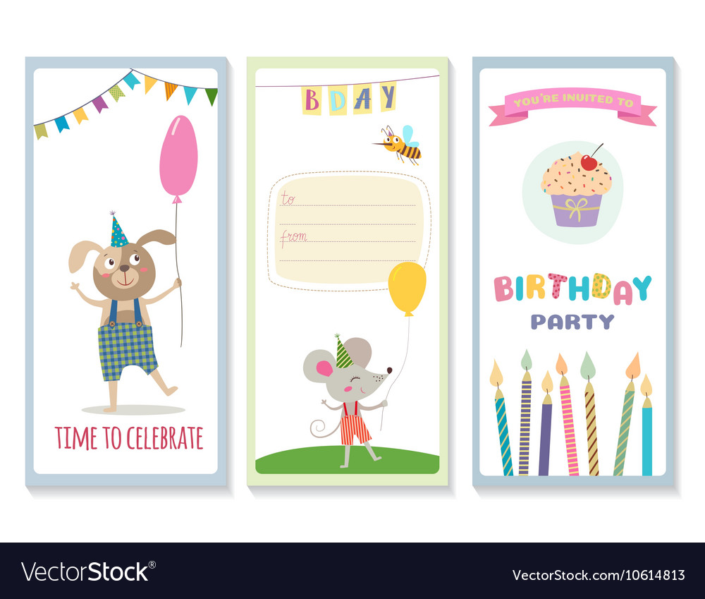 Set Of Birthday Greeting Cards With Cute Animals Vector Image