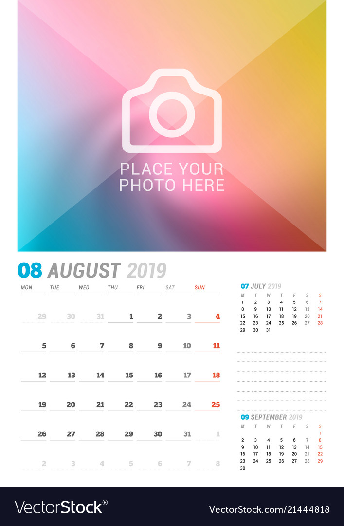 Download August 2019 Wall Calendar Planner Template Design Vector Image PSD Mockup Templates