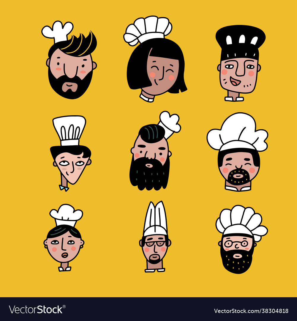 Set Koch Köche Cartoon Gesichter in Farbe doodle vector image Set Koch Köche Cartoon Gesichter in Farbe doodle