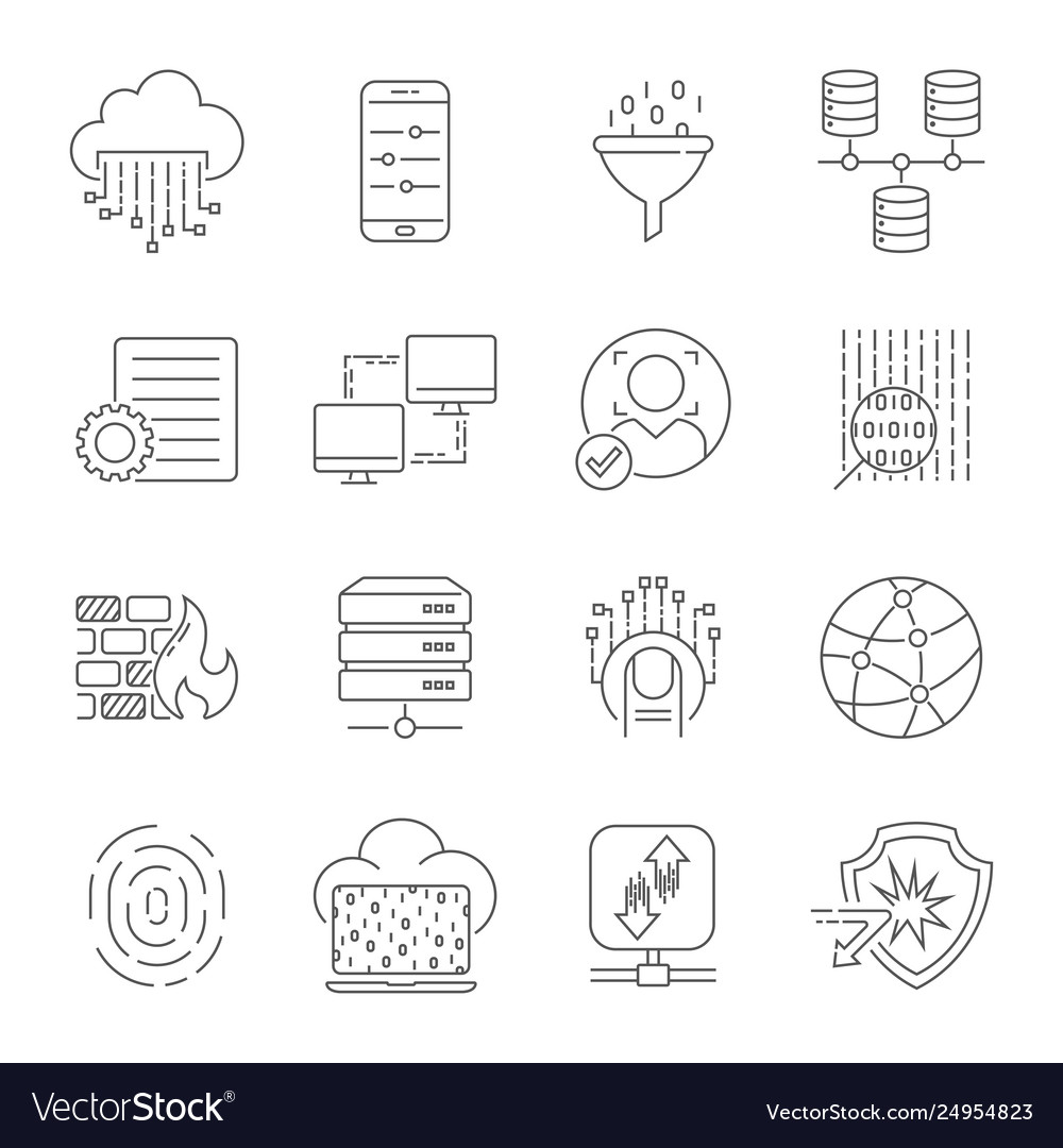 Computer technology related line icon set data