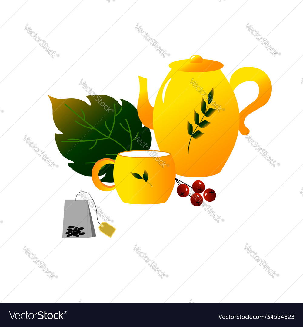 Yellow teapot and a cup tea for holiday Royalty Free Vector