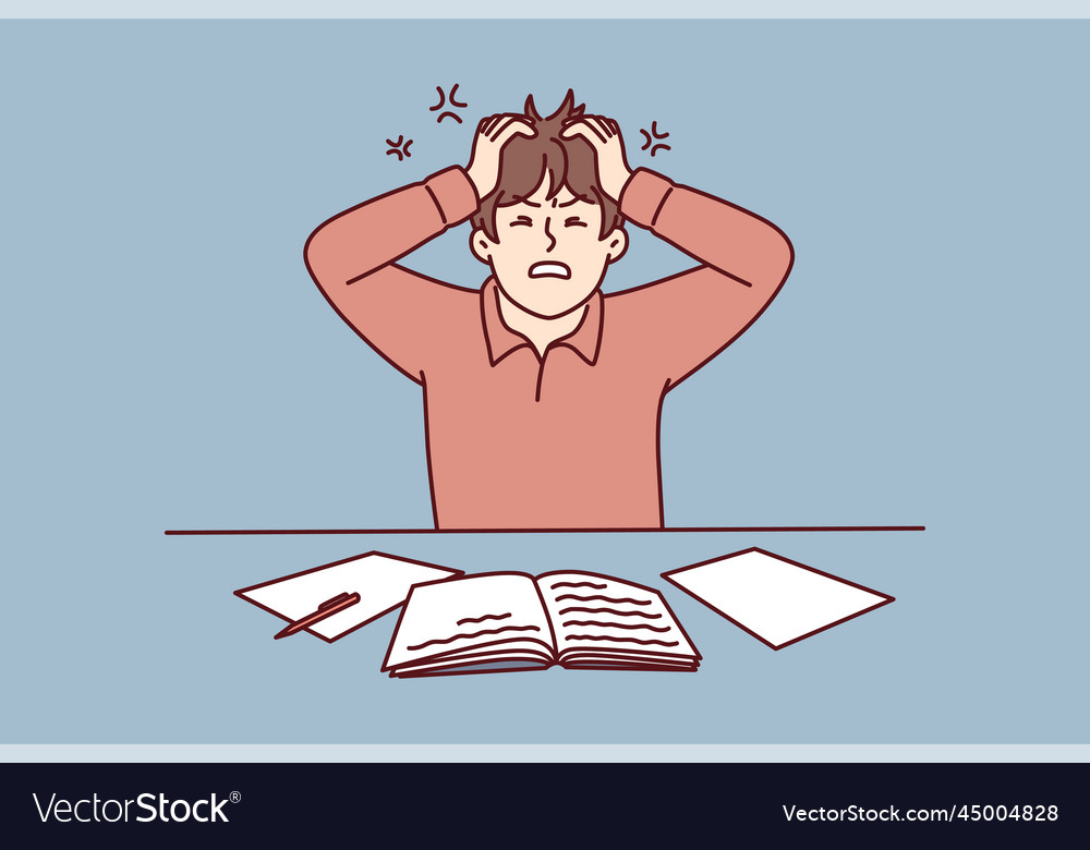 Angry man clutching head sitting at table Vector Image