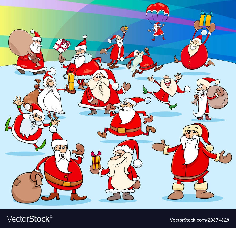 Christmas sanat claus cartoon characters group Vector Image