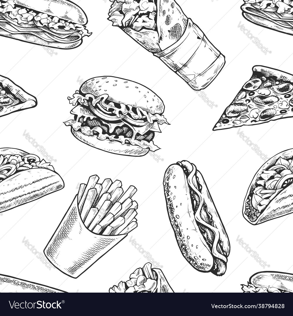 Fast food seamless pattern retro Royalty Free Vector Image