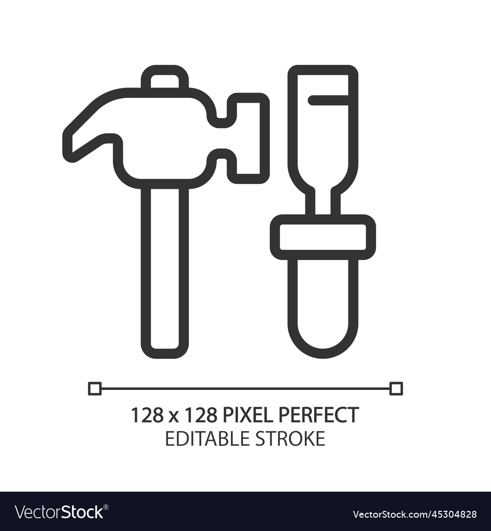 Hammer and chisel pixel perfect linear icon vector image Hammer and chisel pixel perfect linear icon
