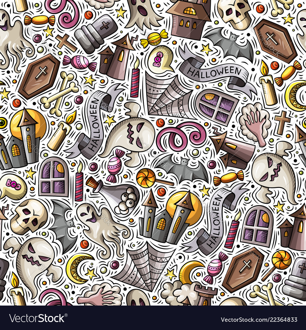 Cartoon cute hand drawn halloween seamless pattern vector image Cartoon cute hand drawn halloween seamless pattern