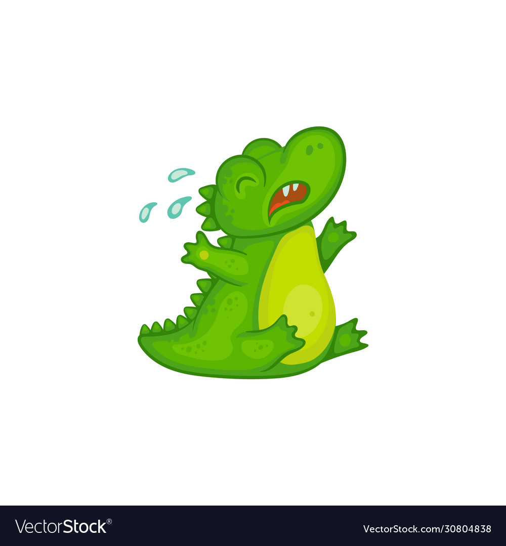 Crying green cute baby crocodile cartoon character