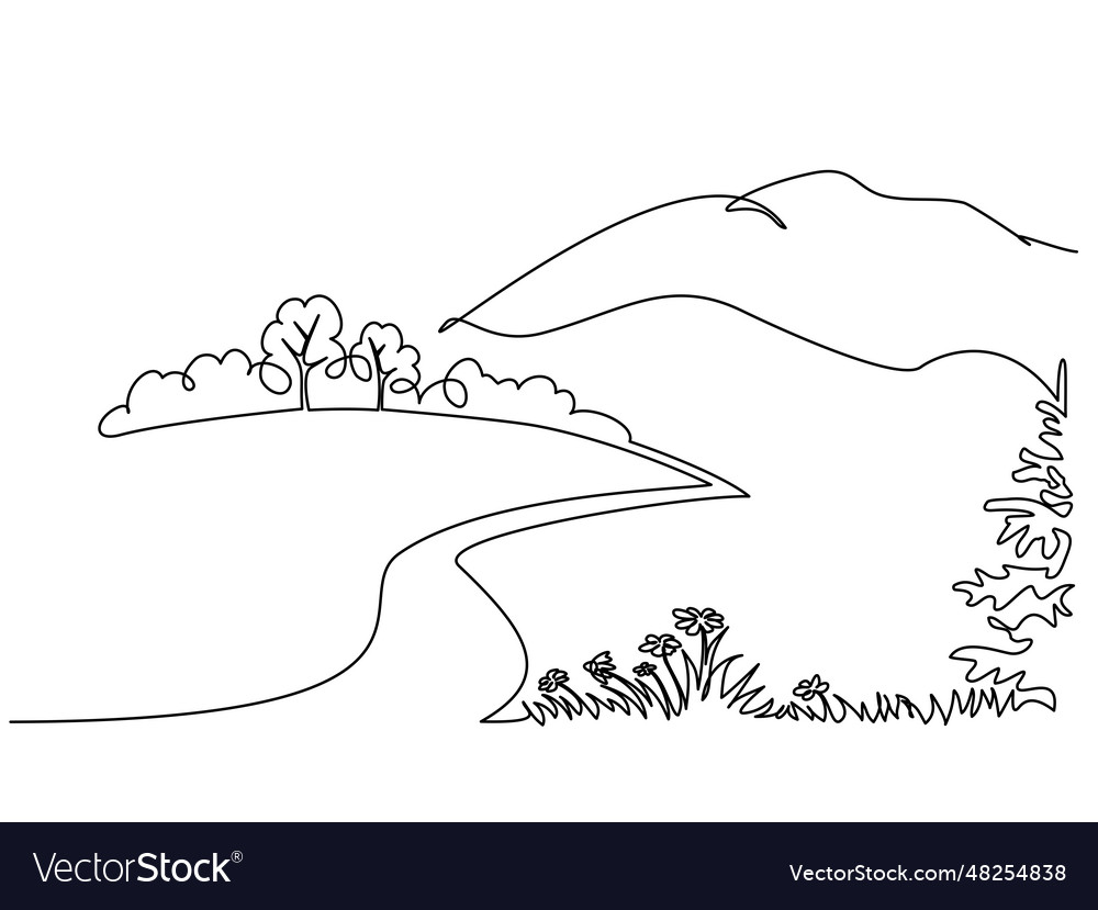 Landscape With Flowers Trees And Mountains Single Vector Image