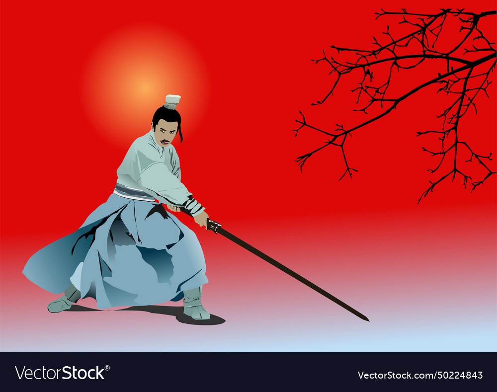 Black silhouette of samurai with the sword on sky