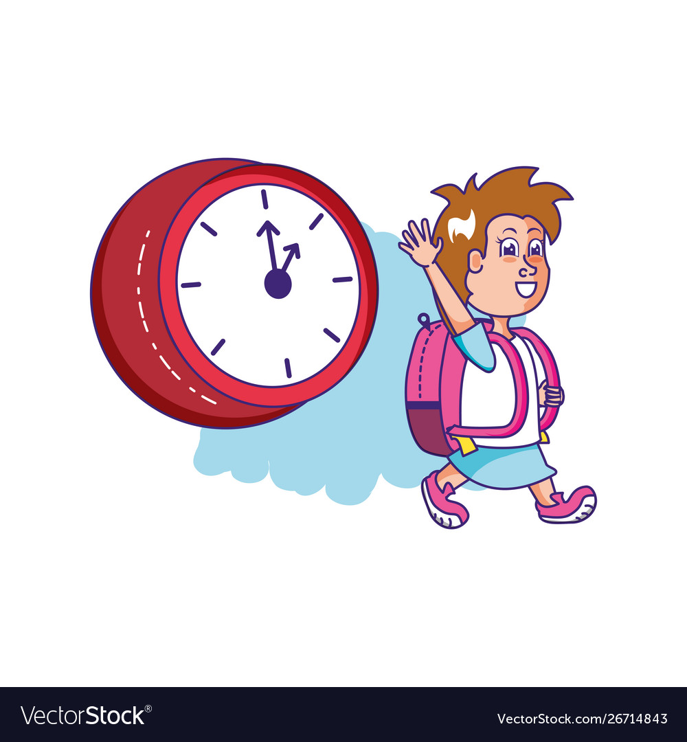 Cute little student girl with school bag and clock